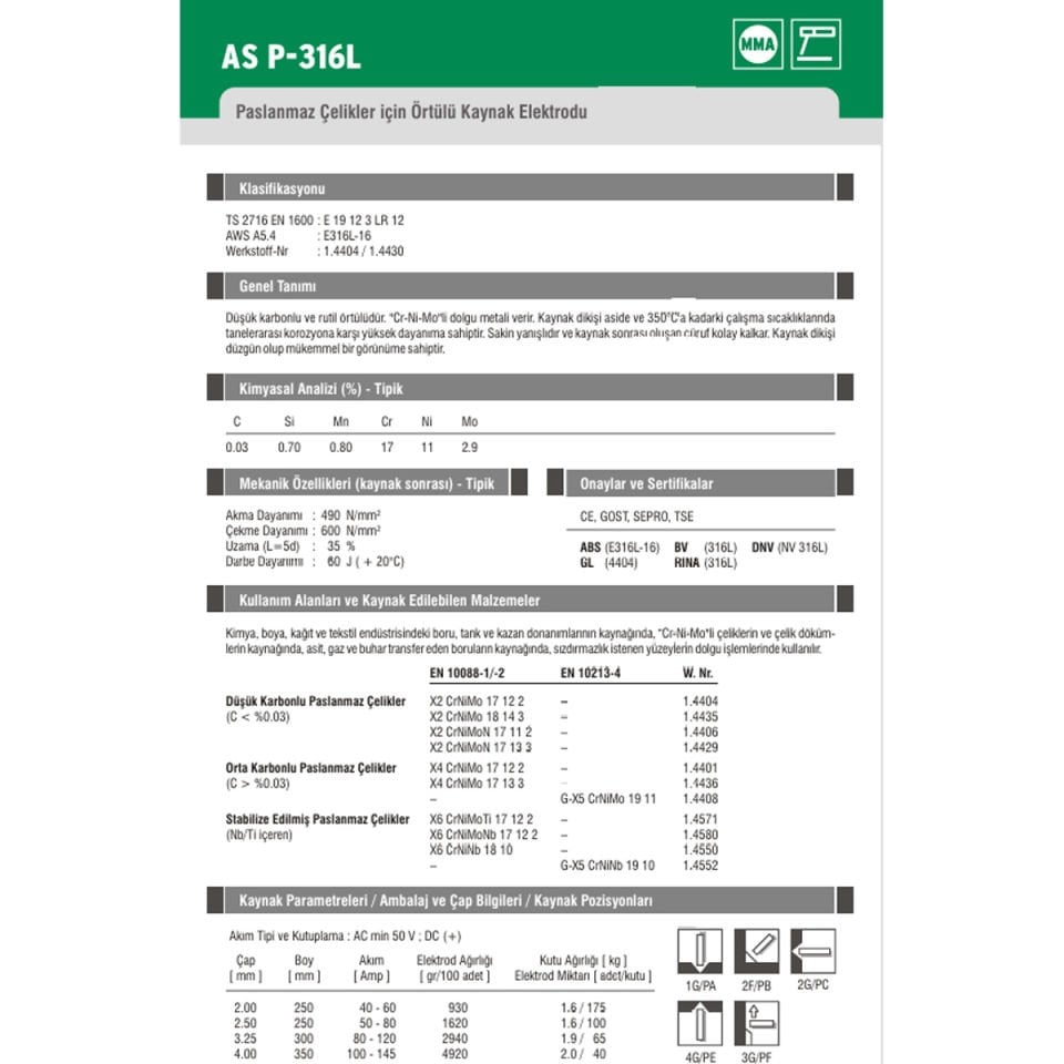 Askaynak AS P 316L Süper 3,20x300mm Paslanmaz Kaynak Elektrotu 65'li