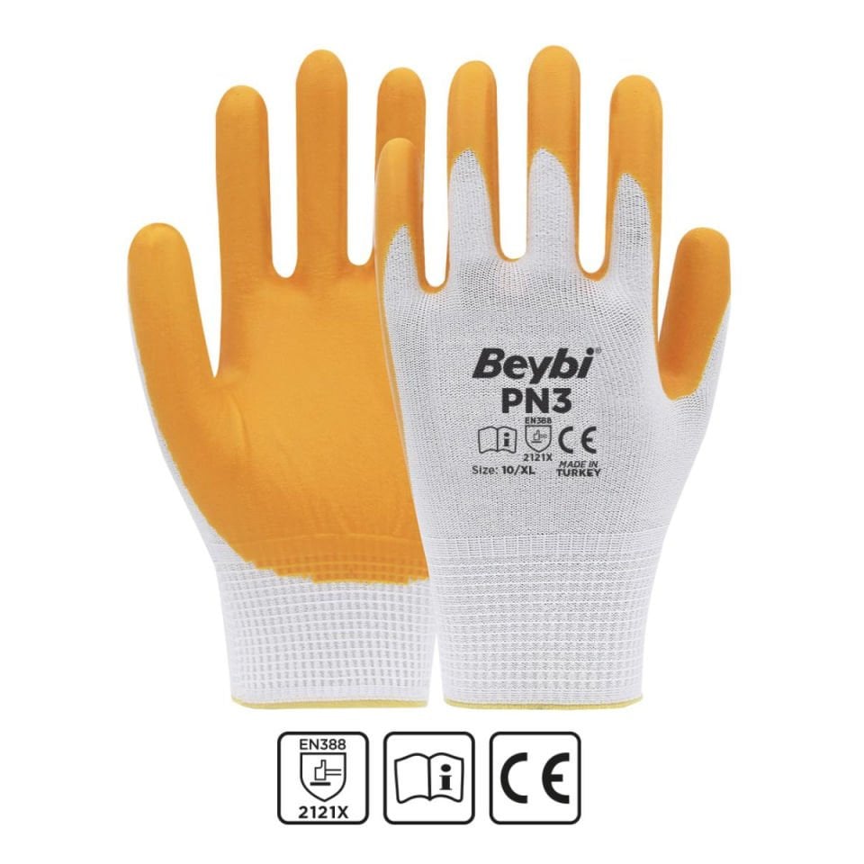 Beybi PN3 Polyester Örme Sarı Nitril İş Eldiveni XL 10 Numara