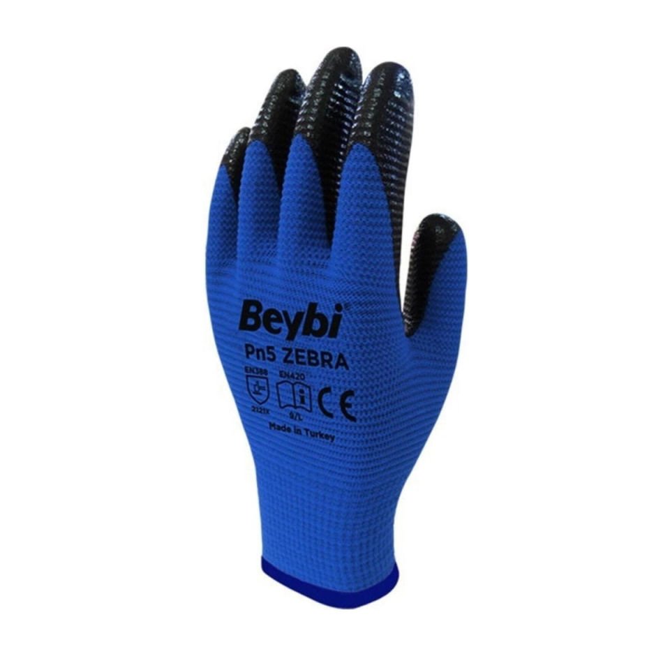 Beybi PN5 Zebra Polyester Örme Nitril İş Eldiveni No:10 XL (Renk Seçenekli)