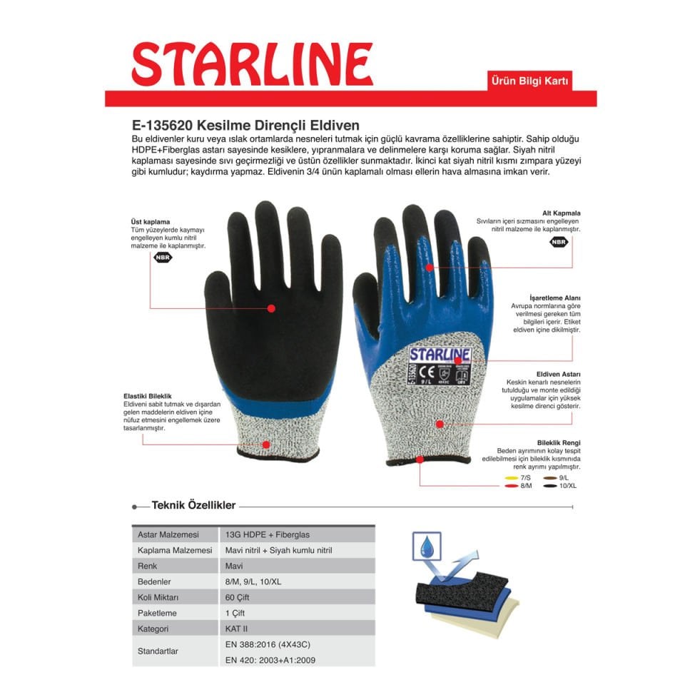 Starline E-135620 Kesilmeye Dirençli Köpük Nitril Eldiven