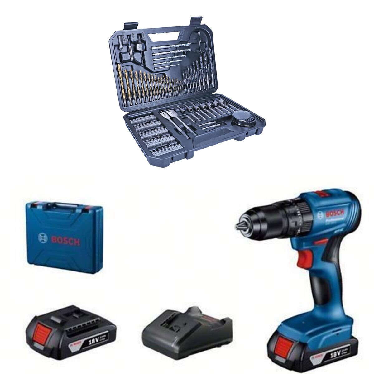 Bosch GSB 185-LI Akülü Darbeli Matkap Vidalama 18V 2.0Ah + 103 Parça Aksesuar Seti