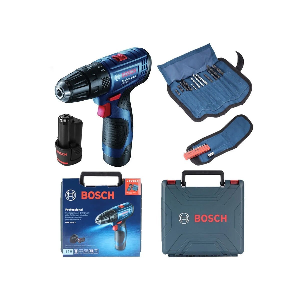 Bosch GSB 120 LI Akülü Darbeli Delme Vidalama 12V 2.0Ah (Çift Akülü) + 23 Parça Aksesuar Seti