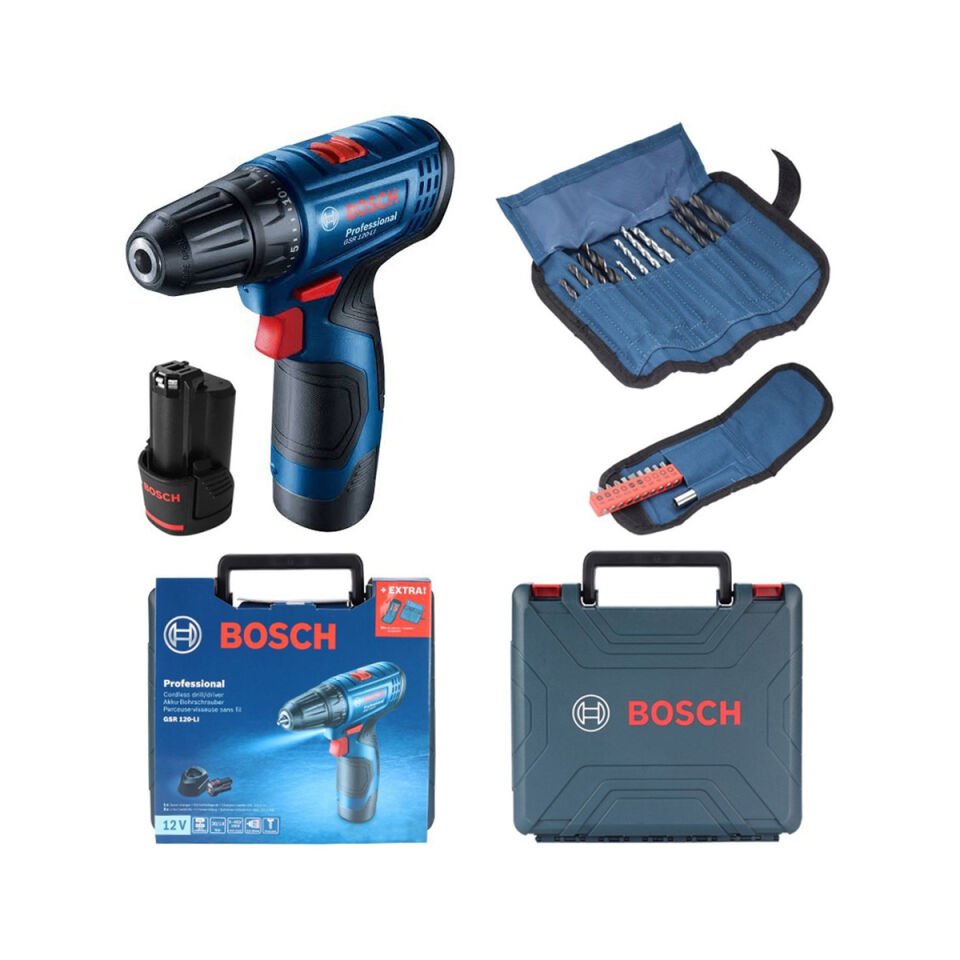 Bosch GSR 120 LI Akülü Darbeli Delme Vidalama 12V 2.0Ah (Çift Akülü) + Aksesuar Seti